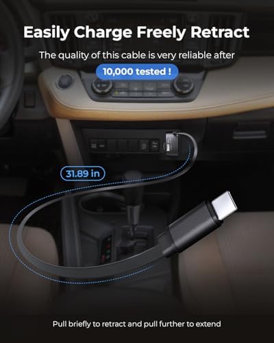 Ultra-Compact 84 W Max Retractable Fast Car Charger – Dual-Port USB C Cigarette Lighter Adapter with Built-In Type-C Cable for Effortless Charging and Clutter-Free Travel, Perfect for Families and Frequent Travelers