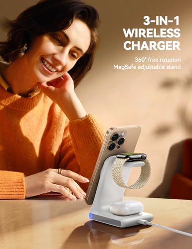 Revolutionize Your Charging Routine with JOYROOM 3-in-1 Wireless Charging Station – Fast 15 W Power Hub for i Phone 16, 15, 14, 13, Apple Watch, and Air Pods – Mag Safe Compatible with Sleek Design for Organized Tech Space and Enhanced Device Protection