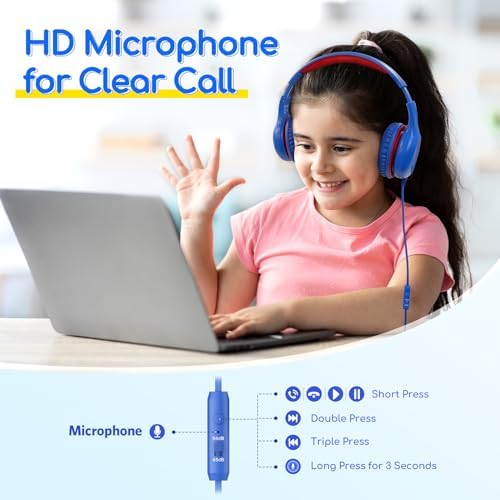 Kid-Friendly Foldable Wired Headphones with Microphone – Volume Limiting Safety (85/94 d B) for Hearing Protection, Share Port for Collaborative Audio, Ideal for Tablets, PCs, and School Use – Enhanced Type C Compatibility for Optimal Sound Quality and Comfort