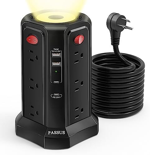 PASSUS 16 FT Long Surge Protector Power Strip with USB-C Fast Charging & Built-in Night Light – Versatile Charging Station for Home & Office with 4 USB Ports, Compact Tower Design, and Enhanced Surge Protection