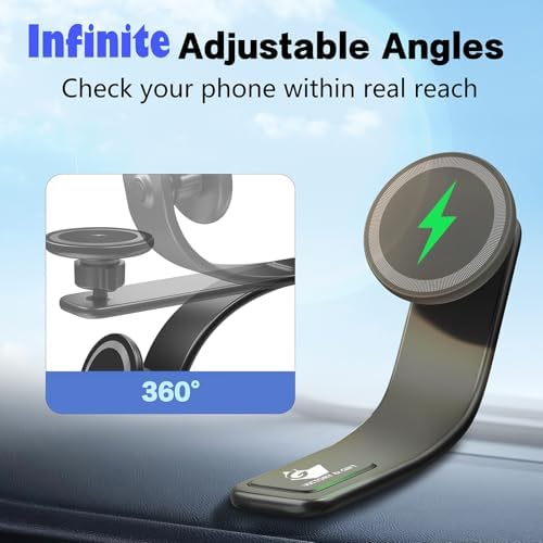 15 W Magnetic Car Mount Charger with 360° Adjustable Arm – Versatile Mag Safe Phone Holder for Dashboard, Windscreen & Vent Installation – Quick Power-Up for Enhanced Compatibility & Hands-Free Navigation