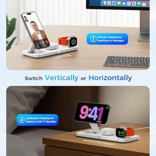 Ultimate 3-in-1 Wireless Charging Station for Apple Devices – Rapid 15 W Magnetic Charger for i Phone 16/15/14/13/12 Pro Max, Compatible with Apple Watch Series S2 to Ultra, Air Pods Pro/4/3/2 – Foldable Travel-Friendly Design for Effortless Charging Anywhere