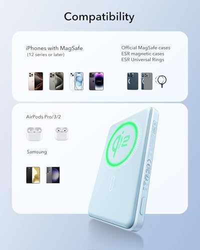 Ultra-Compact ESR Mag Safe Power Bank – 5,000 m Ah Fast Charging Battery Pack with Qi2 Certification – Slim 0.55 in Design for i Phone 16/15/14/13/12 – 15 W Wireless & 20 W USB-C Charger with Cable – Essential Travel Accessory for On-the-Go Power