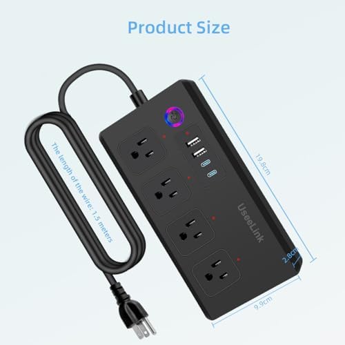 Smart Power Strip with Voice Control – Usee Link 4 AC Outlets & 4 USB Ports (2 A, 2 C) Surge Protector, 5 ft Cord, Wi-Fi Enabled for Alexa & Google Home, No Hub Required, Sleek Black Design for Modern Charging Solutions