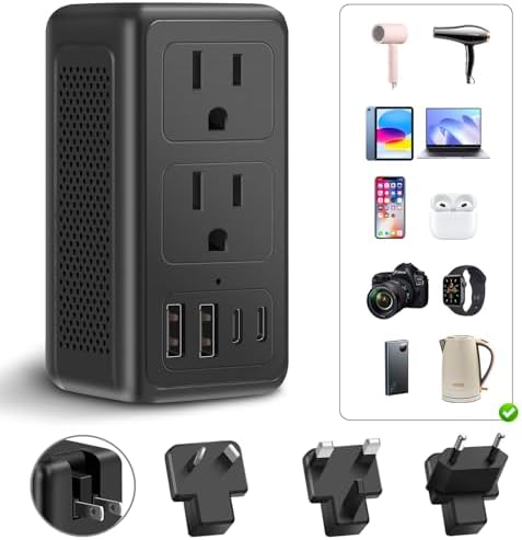 High-Power 2000 W Voltage Converter for Hassle-Free 220 V to 110 V Adaptation – Essential Travel Adapter with Fast Dual USB-A & USB-C Ports for Hair Dryers – Ultimate US to EU/UK/AU Plug Compatibility for Multi-Device Charging on the Go