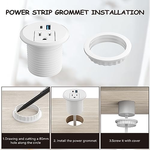 XBA 2-Inch Recessed Desktop Power Grommet with PD 20 W USB-C and 18 W USB-A Ports – Streamlined Hidden Power Outlet with 6 FT Extension Cord for Efficient Charging in Home Offices and Conference Rooms – Elevate Your Workspace Organization and Productivity