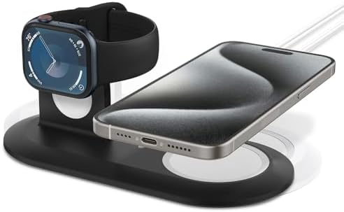 Spigen Mag Fit Duo: Dual Mag Safe Charger Stand for i Phone 16/15/14/13/12, Apple Watch & Air Pods – Fast Charging Pad in Sleek White Finish for Enhanced Device Compatibility and Efficiency