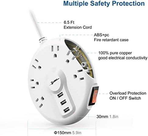 Ultimate Surge Protector Power Strip: 6 Outlets & 3 Fast USB Ports with 6.5 FT Extension Cord – Compact Circle Socket for Home, Office & Travel – Overload Protection & Space-Saving Flat Plug Design – Efficient Charging Solution for All Your Devices