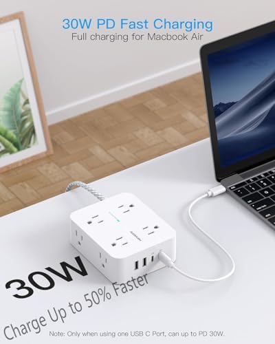 HANYCONY 6 ft Surge Protector Power Strip with 8 Outlets & 2 USB-C Ports – Essential College Dorm Extension Cord with Space-Saving Flat Plug for Fast Charging and Device Safety – Perfect for Home Office and Tech Needs