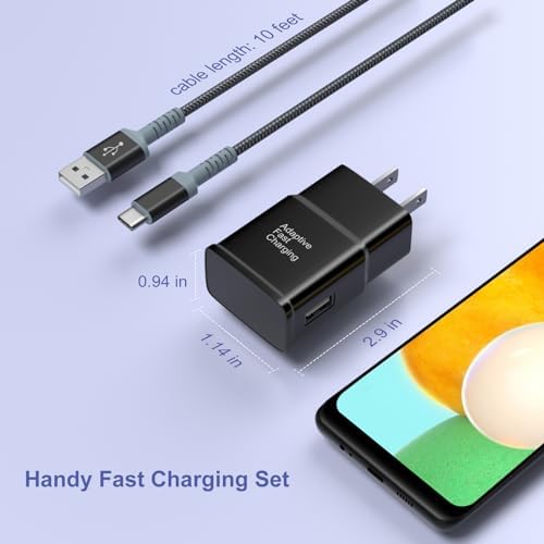 Excgood 10 ft Adaptive Fast Charging Wall Charger & USB C Cable – Dual Pack for Galaxy S25/S24/S23 Ultra, Android Phones – High-Speed Power Delivery & Extended Reach, Durable Black Design – Ultimate Charging Solution for On-the-Go Users