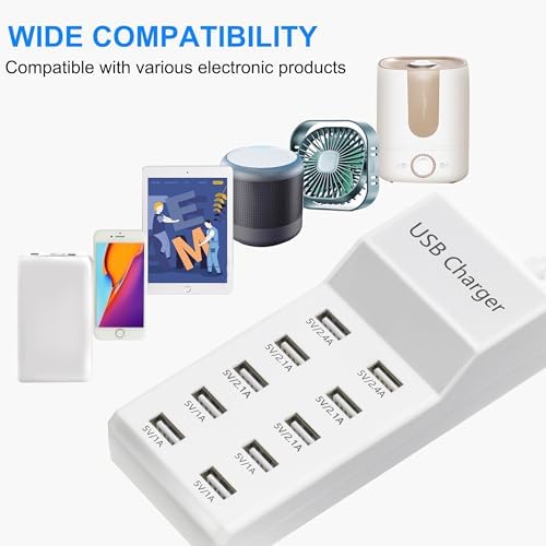 10-Port USB Charging Station – Fast Charging Dock with 6 USB-A & 4 USB-C Ports for Phones, Tablets, and Smartwatches – Sleek White Multi-Device Charger for Home and Office Efficiency