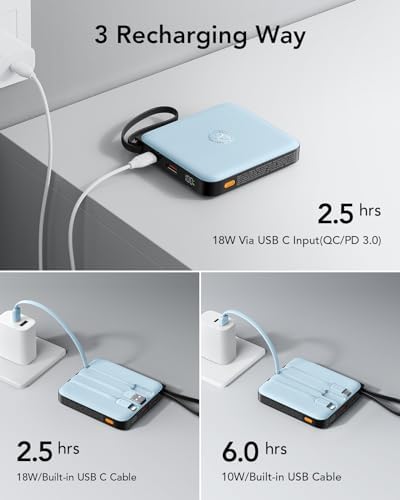VRURC 10,000 m Ah USB C Portable Charger – Fast Charging Power Bank with Built-in Cable for i Phone 16/15/14, Galaxy S23/S22, Google Pixel & More – Lightweight Green Design for Ultimate Mobility and Reliability