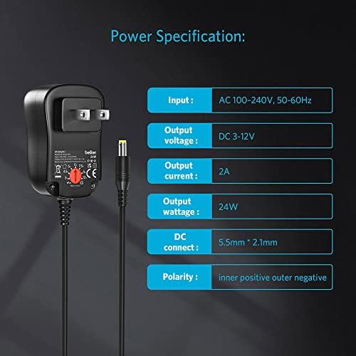 Versatile 24 W Universal Multi-Voltage AC/DC Power Adapter for Household Electronics – Adjustable Voltage from 3 V to 12 V with 2000 m A Output for Fast and Efficient Charging Solutions, Compatible with a Wide Range of Devices