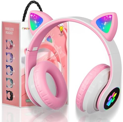 Playful Cat Ear Bluetooth Headphones for Kids – Foldable Over-Ear Design with LED Lights, Safe Listening Volume Control, Built-in Microphone, and Multi-Device Connectivity – Ideal for Music, Movies, and Gaming on i Phones, i Pads, Smartphones, and More!