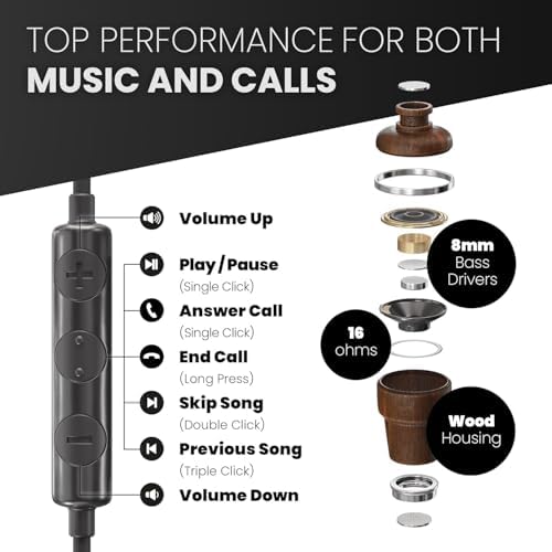 Experience Exceptional Sound: Symphonized Bubinga Wood i Phone Earbuds with Deep Bass and 90% Noise Cancellation, 3 D Audio Technology, Lightning Connector, and Built-in Microphone for Effortless Control – Perfect Compatibility from i Phone SE to 14