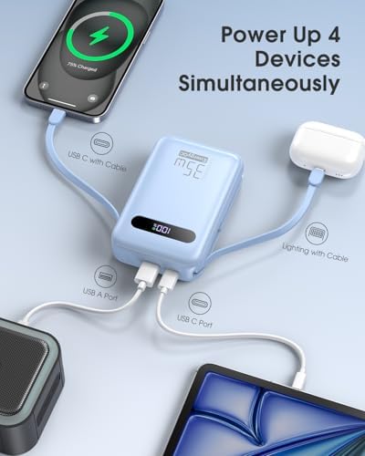 Ultimate 20,000 m Ah Energy QC Power Bank: 35 W PD 3.0 & QC 4.0 Ultra-Fast Charging Portable Charger with Dual Built-In Lightning & USB-C Cables for i Phone 16/15/14, Galaxy S24, i Pad, Air Pods – All-Day Power & 4-Device Charging with Smart LED Display for Travel & Emergencies
