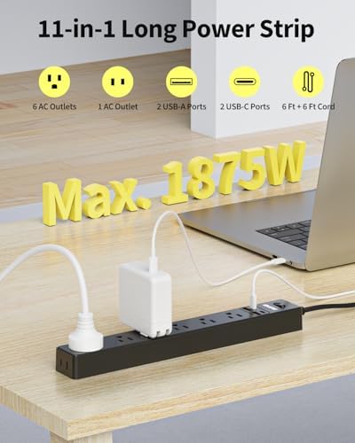 Dual Pack Surge Protector Power Strip with 7 Outlets & 4 USB Ports (2 USB-C) – 6 Ft Flat Plug Extension Cord for Ultimate Device Charging Efficiency – 1875 W/15 A, 1700 Joules Protection, Wall-Mountable for Home, Office, & Dorm Spaces – Sleek Design for Space Optimization and Safety