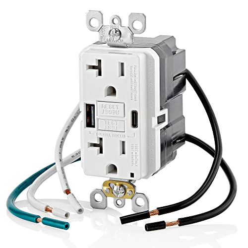Leviton 60 W In-Wall USB Charger with Dual Type A/Type-C Ports and 20 A Tamper-Resistant Outlet – Fast Charging for Smartphones, Tablets, and Laptops – Modern Light Almond Finish, Ideal for Home and Office Efficiency – Safe, Stylish Power Solution for Tech Enthusiasts