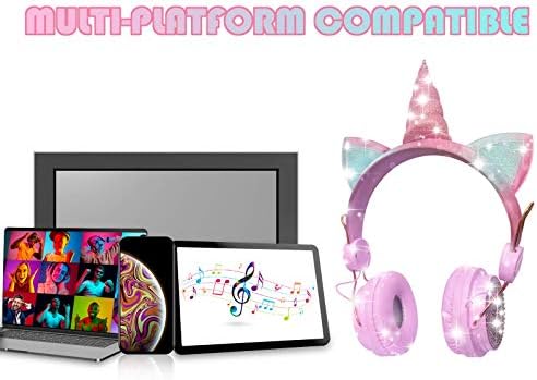 Light Purple Unicorn Cat Ear Bluetooth Headphones for Kids – Safe Listening with Volume Limiting, FM Radio & Dual Connectivity for Fun Learning and Entertainment – Ideal for School, Laptops, and Smartphones