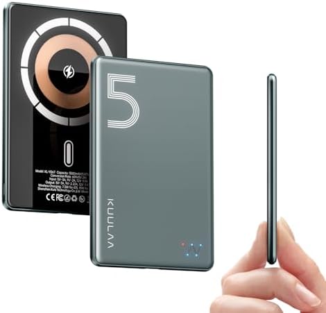 Kuulaa Slim Magnetic Portable Power Bank for i Phone – 5000 m Ah PD 20 W Fast Charging Battery Pack with Rotating Stand for Mag Safe Compatible i Phone 12/13/14/15/16 Series (Titanium Finish) – Ultimate On-the-Go Charging Solution