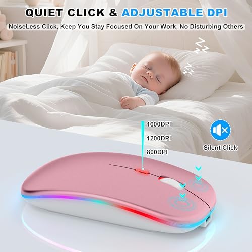 Sleek LED Bluetooth Wireless Mouse for Mac & PC – Rechargeable, RGB Light-Up Design with Dual Connectivity (BT5.2 + 2.4 G USB) – Slim, Portable Mouse with Jiggler Function for Work & Play – Enhanced Performance & Style in White