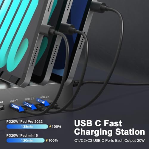 MSTJRY 90 W 6-Port USB C Fast Charging Station – Multi-Device Power Hub with Adjustable Organizers for i Phone, i Pad, Tablets & More – High-Speed PD Charger Dock for Home, Office & Classroom Efficiency