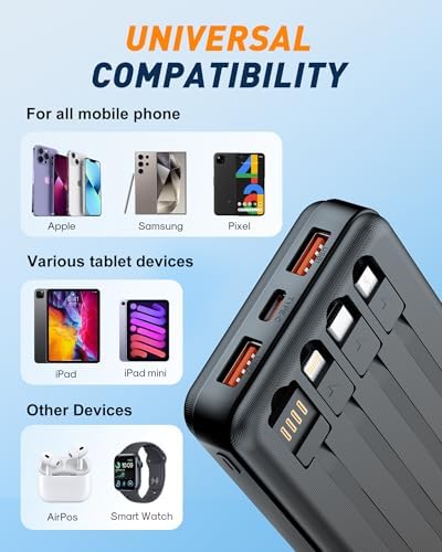 BEESHOP Ultra High-Capacity 37000 m Ah Portable Power Bank – All-in-One Fast Charging Solution with 4 Integrated Cables, 22.5 W Quick Charge for i Phone 16, 15, 14, 13 & Android Devices – Essential Travel Companion for Maximum Device Compatibility and Efficiency