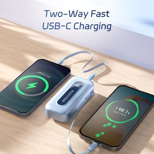 Compact 10,000 m Ah Power Bank with Retractable USB-C Cable – 30 W Fast Charging Portable Charger for i Phone 15/16, Galaxy, and i Pad – Smart LED Display for Travel Convenience and Enhanced Compatibility