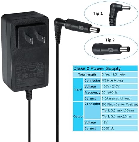 Universal 12 V 2 A AC Power Adapter with 5 ft Cord – High-Efficiency Charger for Diverse Electronic Devices – Dual Connector Compatibility (3.5 mm x 1.35 mm & 5.5 mm x 2.5 mm) – Global Input Voltage 100 V-240 V – Enhanced Safety Features for Optimal Device Performance – Ideal Power Supply Solution for Home and Office Use