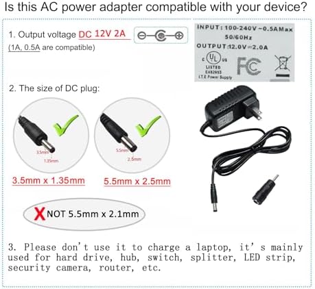 Reliable 12 V 2 A AC to DC Power Supply Adapter – Universal Wall Plug Transformer with 4 ft Cord for CCTV Cameras, LED Lighting, and Routers – 100-240 V Input, 24 W Output for Enhanced Device Compatibility and Performance – Quality Power Adapter for Home and Office Use