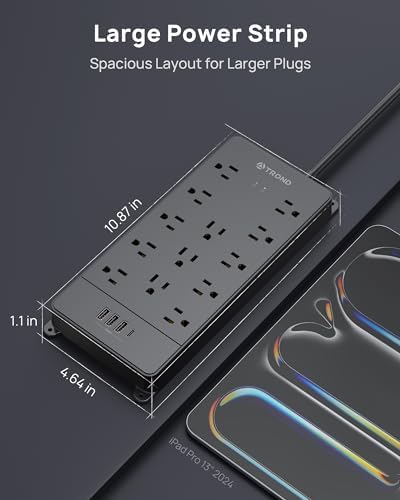 Maximize Your Power Potential with the TROND Heavy-Duty Surge Protector Power Strip: 13 Wide-Spaced Outlets, 32 W Quick Charge USB-C, 4000 Joules Protection, 5 ft Flat Plug Extension Cord, Wall Mountable Design for Seamless Integration in Home and Office Spaces – ETL Listed for Ultimate Safety and Reliability