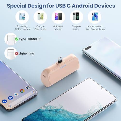 Ultra-Compact 5200 m Ah USB C Power Bank – Fast Charging Mini Portable Charger for i Phone 16/16 Plus/15/15 Plus/15 Pro Max, Galaxy S25/S24, i Pad, and Android Devices – Essential Power Solution for On-the-Go Charging
