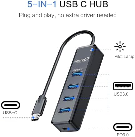 Smart Q H302 USB 3.0 Hub – 4-Port Connectivity Solution with Long Cable Options for Seamless Data Transfer up to 5 Gbps, Micro-B Charging for All Devices, Includes USB C Adapter – Boost Your Productivity & Versatile Workspace Efficiency
