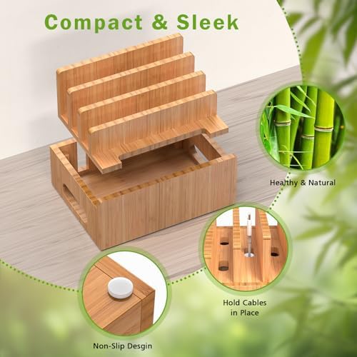 Eco-Friendly Bamboo 5-Port USB Charging Station: Versatile Multi-Device Organizer with Smartwatch and Earbuds Stand for Efficient Power Management – Perfect for Home and Office Use