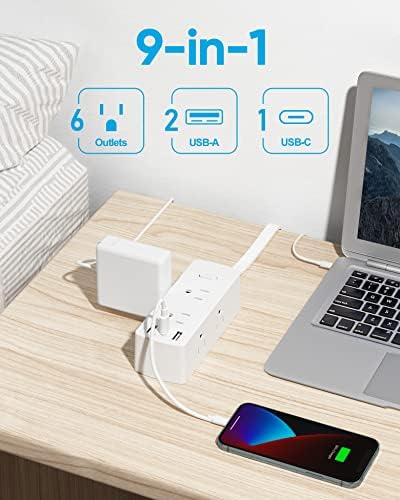 Ultra Thin Flat Plug Surge Protector Power Strip with 6 Outlets and 3 USB Ports, Including USB-C – Space-Saving Design for Home, Office, and Travel – Efficient Power Management and Device Protection by Olcorife