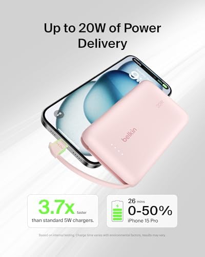 Belkin 10,000 m Ah Portable Charger – Fast Charge Power Bank with Integrated Cable for i Phone 16, i Pad Pro, Galaxy S25 – 20 W USB-C Power Delivery – Lightweight Pink Design for Ultimate Portability and Versatile Compatibility