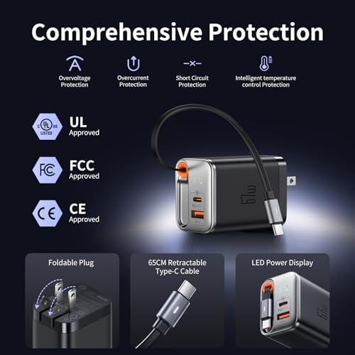 Mcdodo 67 W Ga N USB C Charger Block with Retractable Type-C Cable – Dual Port Fast Charging for i Phone 16/15, Galaxy, i Pad, and Mac Book – Compact, Foldable Design for Ultimate Portability and Enhanced Efficiency