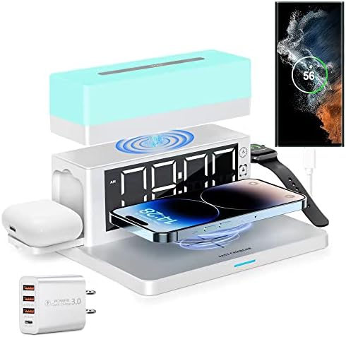 6-in-1 Wireless Charging Station with Digital Alarm Clock & Adjustable Night Light – 15 W Fast Charger Compatible with i Phone 14/13/12/11/XS, Samsung Galaxy, Air Pods & Apple Watch – Sleek Black Design for Ultimate Convenience and Organization