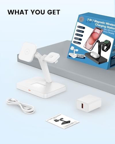 Joy Geek 3-in-1 Foldable Wireless Charging Station for Mag-Safe i Phone – Ultimate Travel Dock for i Phone 12-16 Pro Max, Apple Watch Series 4-10, and Air Pods Pro 2/3/4 – Fast, Compact, and Convenient Power Solution for On-the-Go Charging