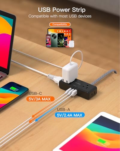 BESHON 10 ft Flat Plug Extension Cord with 4 Wide Outlets & 3 USB Ports (2 USB-C) – Versatile Power Strip for Home, Office & Dorm – Space-Saving Design with Surge Protection & Fast Charging Capabilities