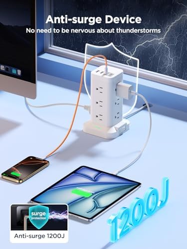Ultimate Surge Protector Power Strip with 12 AC Outlets and 4 USB Ports, Featuring 6 FT Flat Plug Extension Cord for Maximum Flexibility – 1200 Joules Overload Protection for Home Office and Dorm Room Use – Enhance Device Safety and Charging Speed