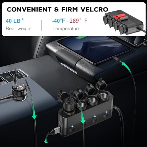 Power Up Your Journey: 300 W 4-Socket Cigarette Lighter Splitter Car Charger with Dual PD 36 W and QC3.0 USB-C Ports, Independent Switches, Dust Cover, and Voltmeter for Fast Charging of All Devices – Perfect for Road Trips and Daily Commutes