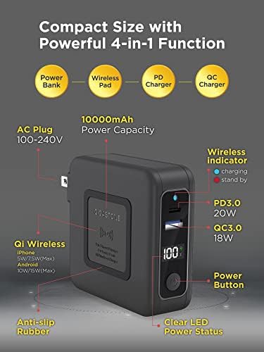 Gigastone 10,000 m Ah 3-in-1 Qi Wireless PD Power Bank with AC Plug – Fast Charging Solutions for i Phone & Android – USB-C PD 20 W, USB-A QC3.0 18 W, Qi 15 W Compatibility – Global Voltage for International Use – Sleek & Portable Design for On-the-Go Charging