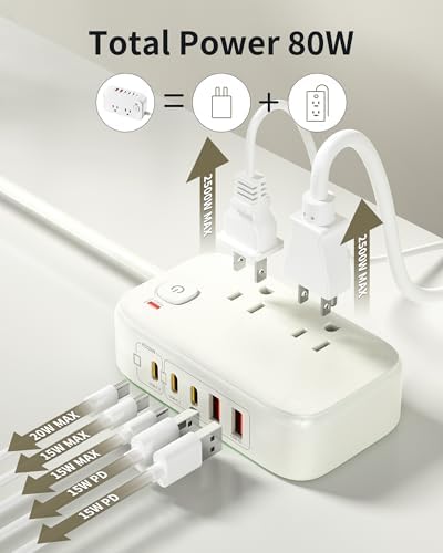 Effortless Power: 65 W USB Charging Station with Surge Protection – 5 FT Flat Extension Cord for Travel, Home, Office & School – Multi-Device Charging Hub for Fast, Safe Energy Delivery – Lightweight & Compact Design for Ultimate Portability