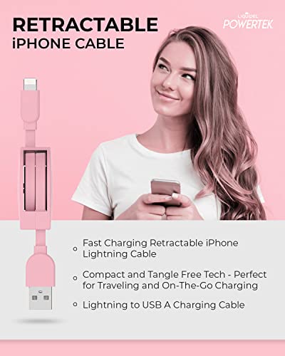 LIQUIPEL Powertek Retractable Lightning Charger – MFi Certified 3 ft Fast Charging Cable for i Phone & i Pad – Tangle-Free Portable Design in Stylish Pink for Effortless Power Solutions