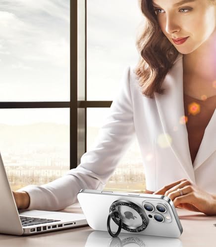 Temdan Glitter Silver Magnetic Phone Ring Holder for Mag Safe – Premium Grip and Stylish Stand for i Phone Pro Max 16 – Durable Upgrade Gear Hinge for Enhanced Flexibility and Hands-Free Viewing – Perfect Accessory for Seamless Connectivity and Fashionable Functionality