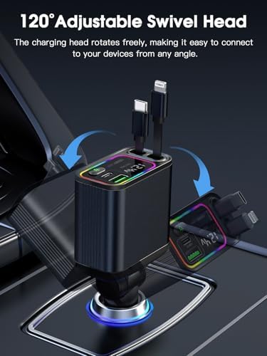 Ultimate 107 W Fast Charging Retractable Car Charger with Built-in Lightning & USB-C – Superior Compatibility for i Phone 16/15/14, Samsung S24/S23/S22, Pixel 9/8/7 – Sleek Black Design for Organized Travel and Efficient Power Solutions