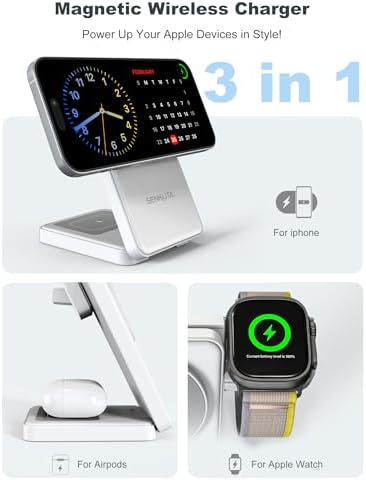 3-in-1 Magnetic Wireless Charging Station for Apple Devices – Fast Travel Charger for i Phone 12-16, Apple Watch Ultra 5/4/3, and Air Pods Pro/3/2 – Compact & Foldable Design for Efficient, Safe Charging with 18 W Adapter – Perfect for Home, Office, or Travel – Enhanced Compatibility and User-Friendly Features