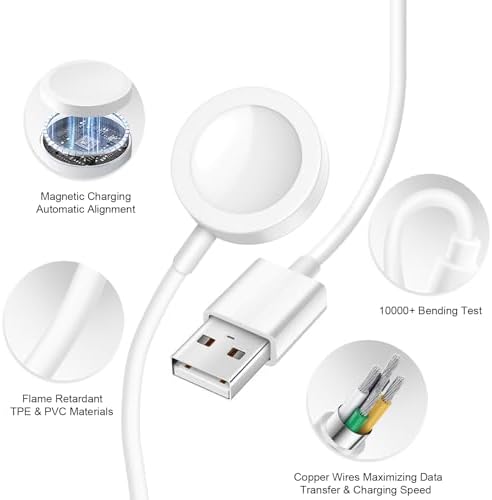 Chic 3.2 FT Wireless Fast Charger for Apple Watch – Effortless Charging Solution with Stylish Pink Design, Compatible with All Series 1-10, Includes Wall Plug for Ultimate Portability and Quick Power-Ups for Active Lifestyles