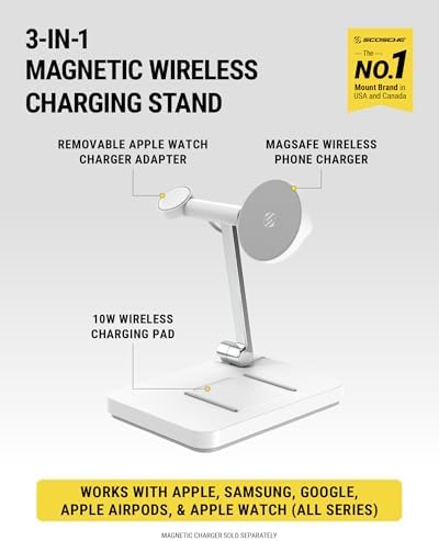 Scosche MSQFG2 N1 WT Magic Mount Travel 2-in-1 Magnetic Wireless Charging Station – Sleek Fast Charger for i Phone 12/13/14/15/16 Pro Max & Air Pods, Compact Foldable Design for Ultimate Portability and Enhanced Mag Safe Compatibility, White